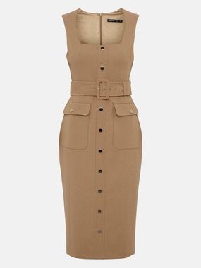Karen Millen Square Neck Safari Tan Belted Midi Dress